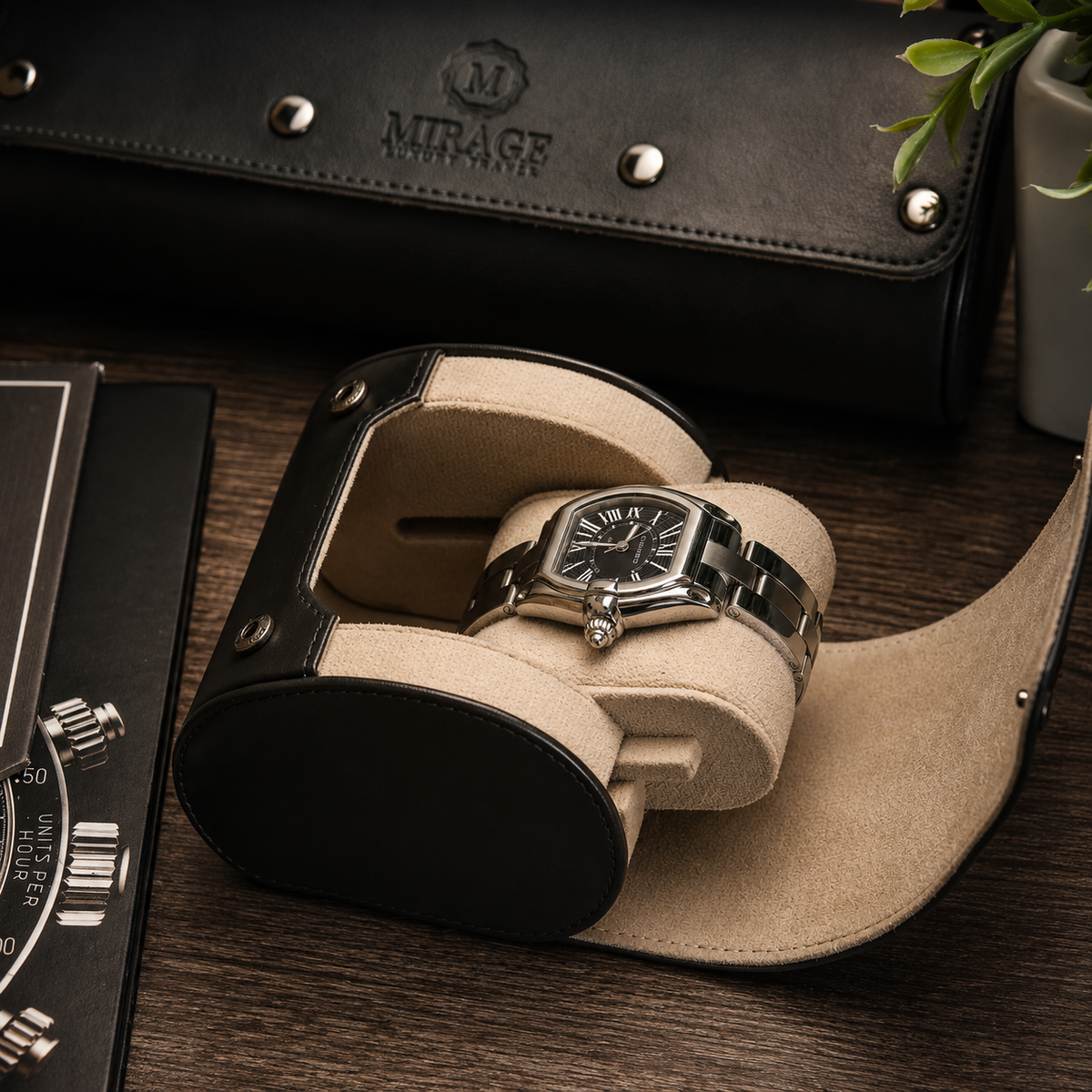 1 Watch Travel Case Vegan Leather Watch Roll (Jade Black - White Interior)