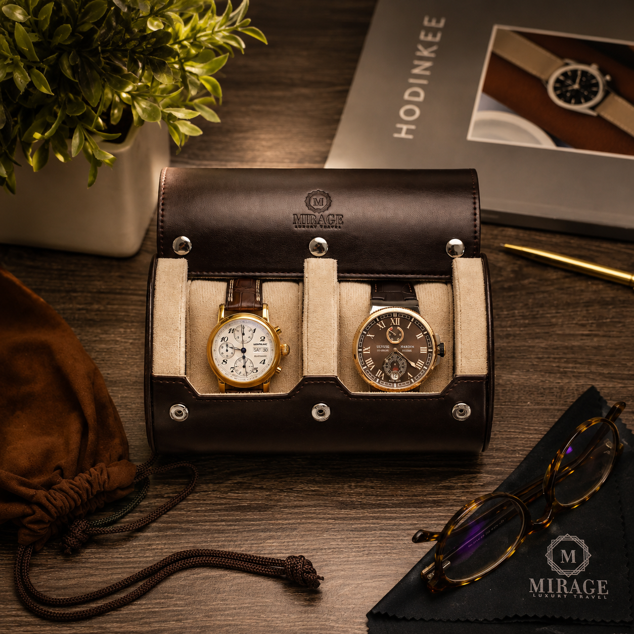 2 Watch Travel Case Vegan Leather Watch Roll (Espresso Brown - White Interior)