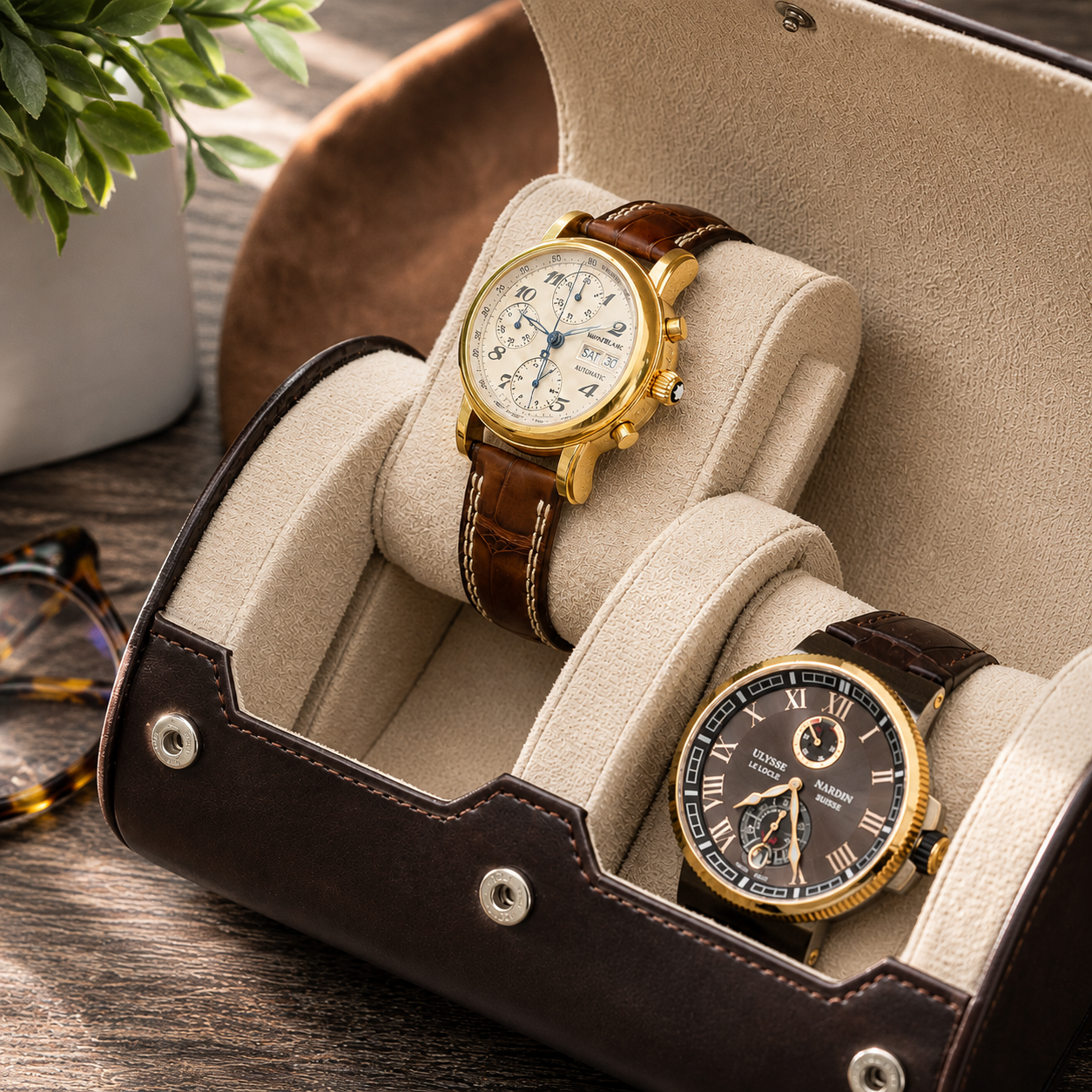 2 Watch Travel Case Vegan Leather Watch Roll (Espresso Brown - White Interior)
