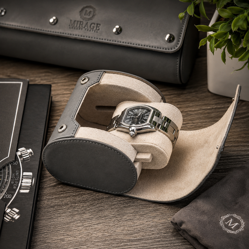 1 Watch Travel Case Vegan Leather Watch Roll (Slate Gray - White Interior)