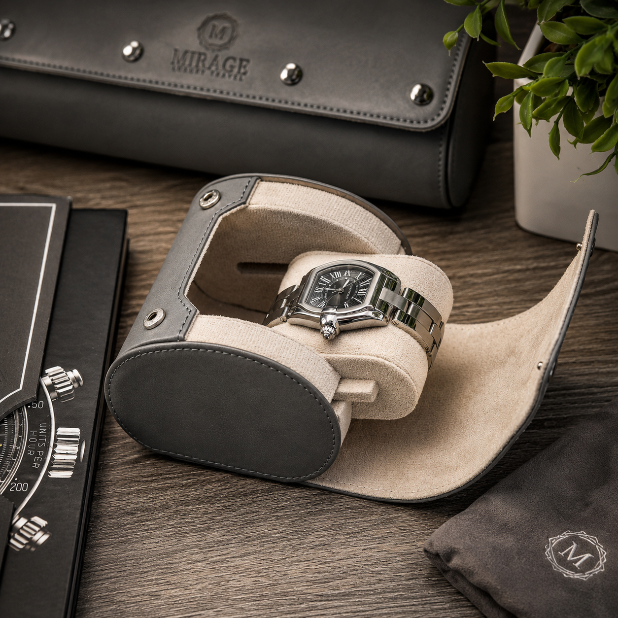 1 Watch Travel Case Vegan Leather Watch Roll (Slate Gray - White Interior)