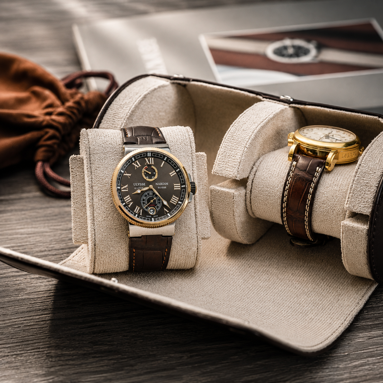 2 Watch Travel Case Vegan Leather Watch Roll (Espresso Brown - White Interior)