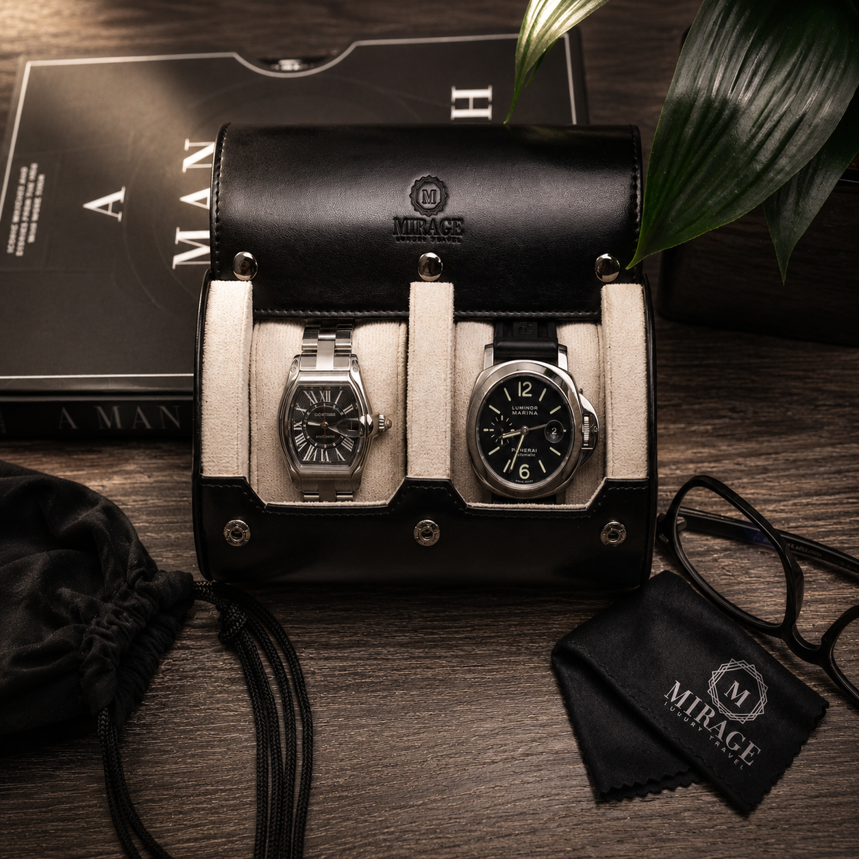 2 Watch Travel Case Vegan Leather Watch Roll (Jade Black - White Interior)