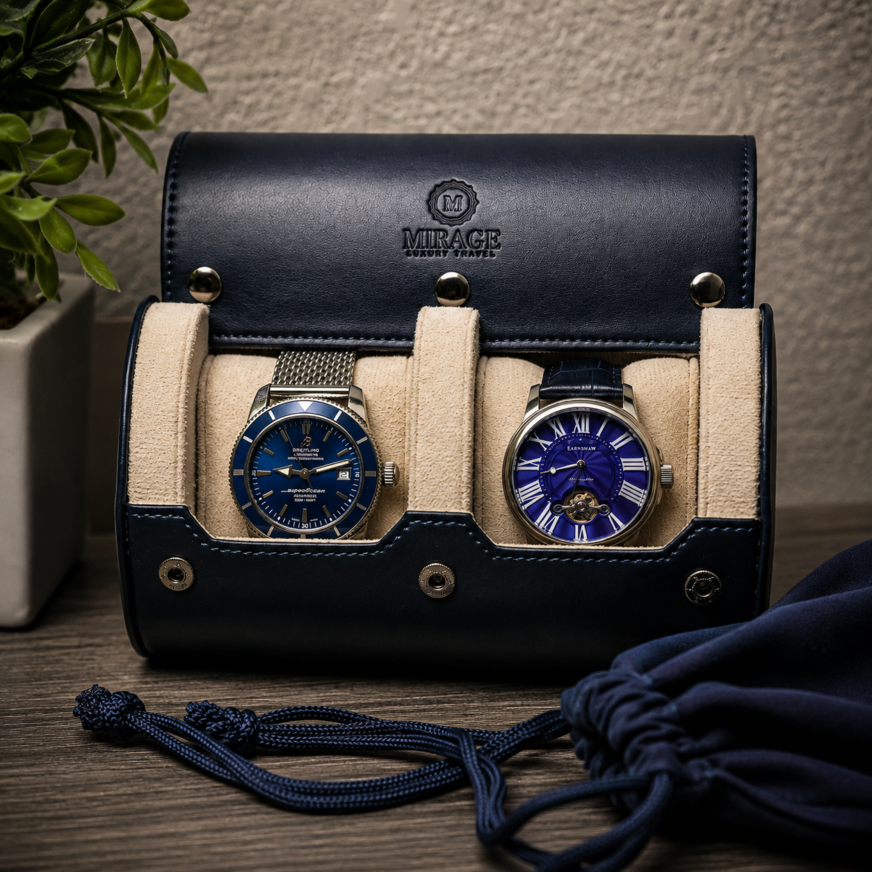 2 Watch Travel Case Vegan Leather Watch Roll (Midnight Blue - White Interior)