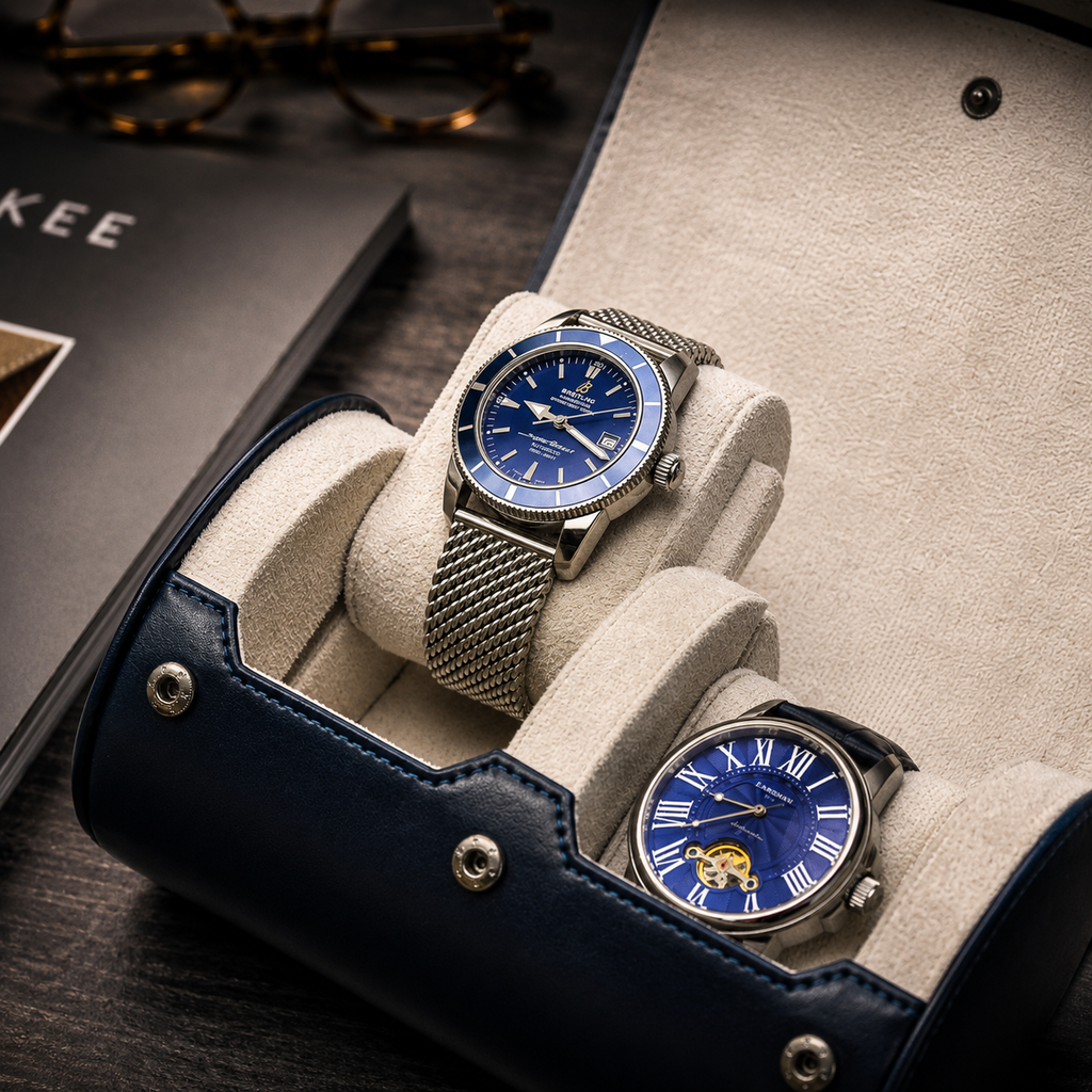 2 Watch Travel Case Vegan Leather Watch Roll (Midnight Blue - White Interior)