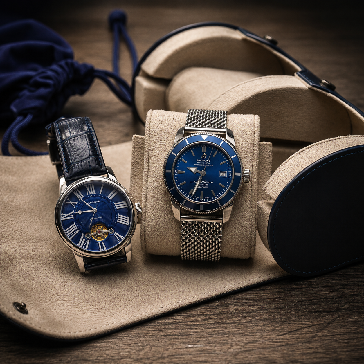 2 Watch Travel Case Vegan Leather Watch Roll (Midnight Blue - White Interior)