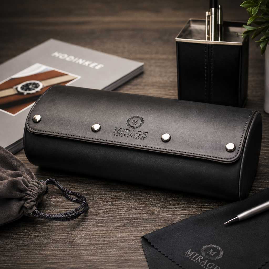 3 Watch Travel Case Vegan Leather Watch Roll (Slate Gray - White Interior)