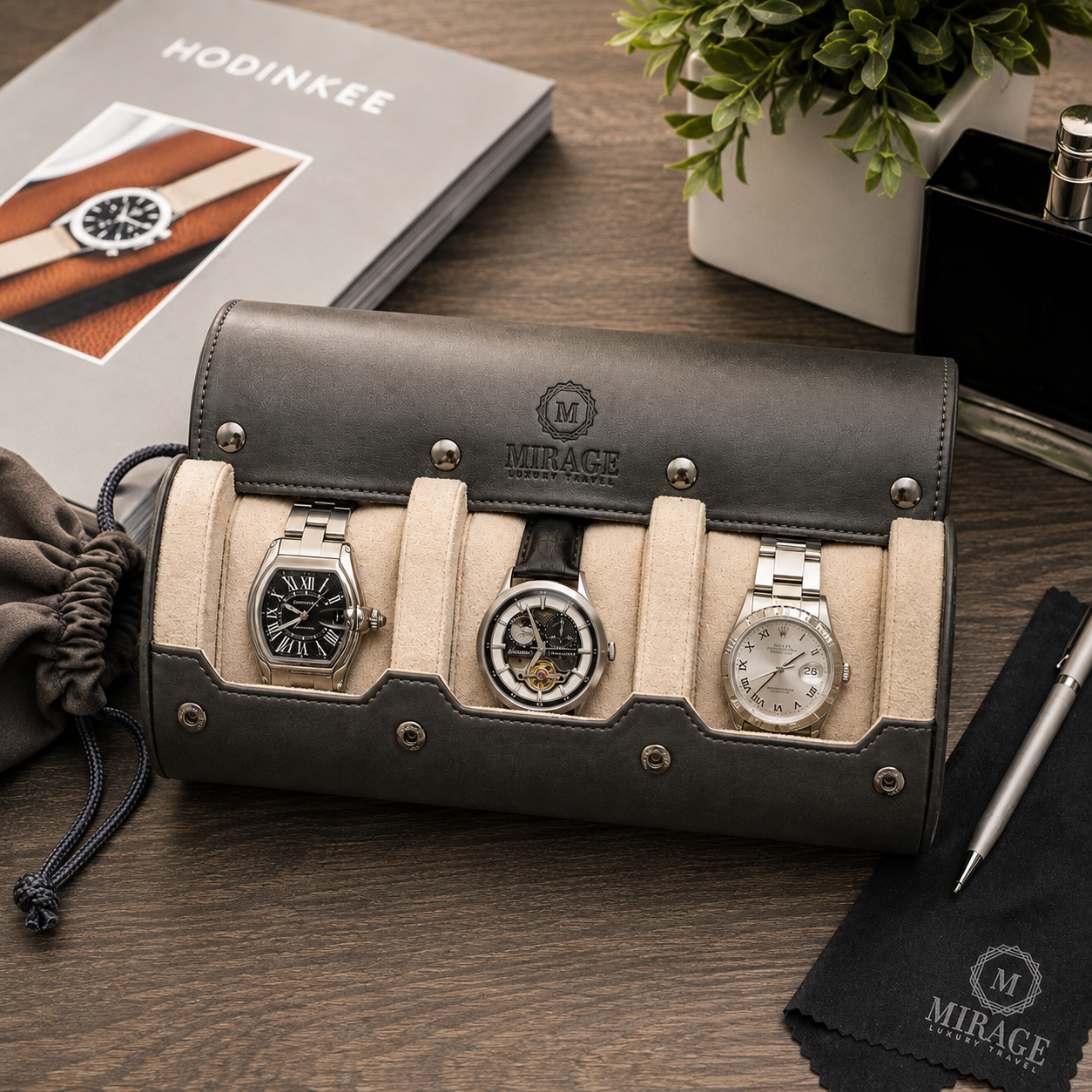 3 Watch Travel Case Vegan Leather Watch Roll (Slate Gray - White Interior)