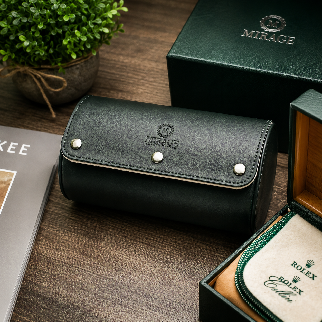 2 Watch Travel Case Vegan Leather Watch Roll (Royal Green - White Interior)