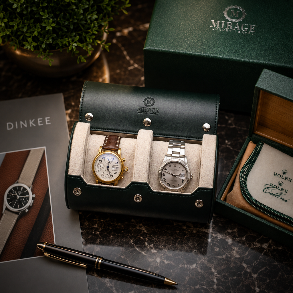 2 Watch Travel Case Vegan Leather Watch Roll (Royal Green - White Interior)