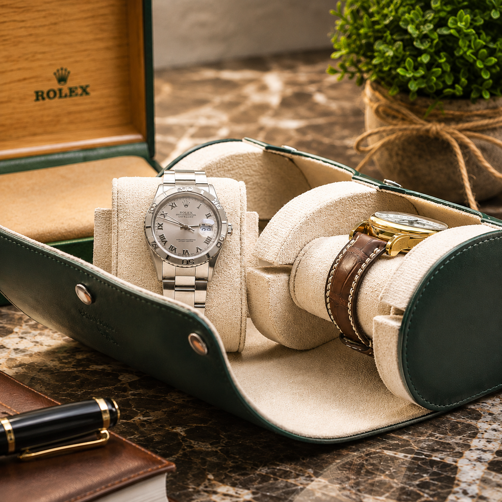 2 Watch Travel Case Vegan Leather Watch Roll (Royal Green - White Interior)