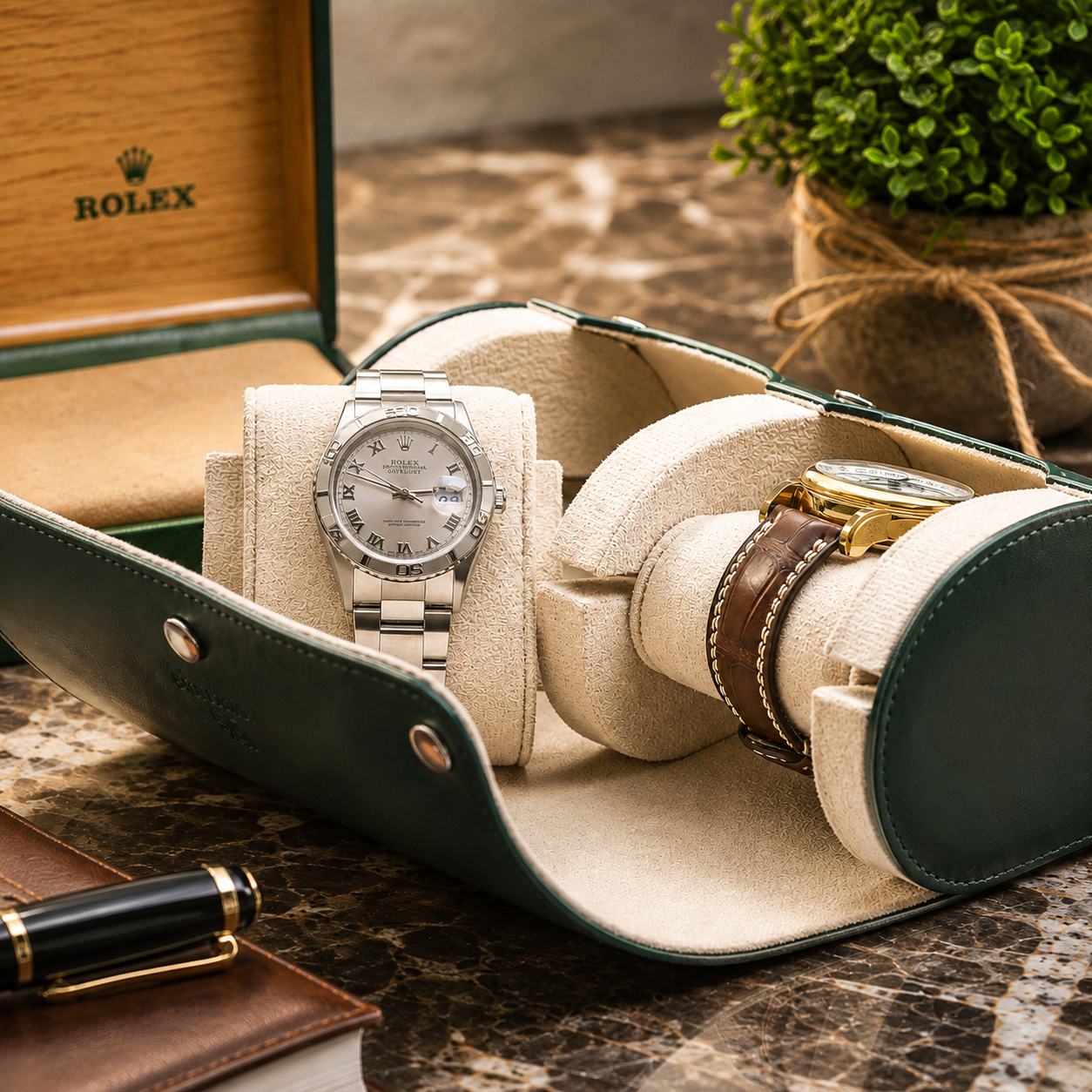 2 Watch Travel Case Vegan Leather Watch Roll (Royal Green - White Interior)