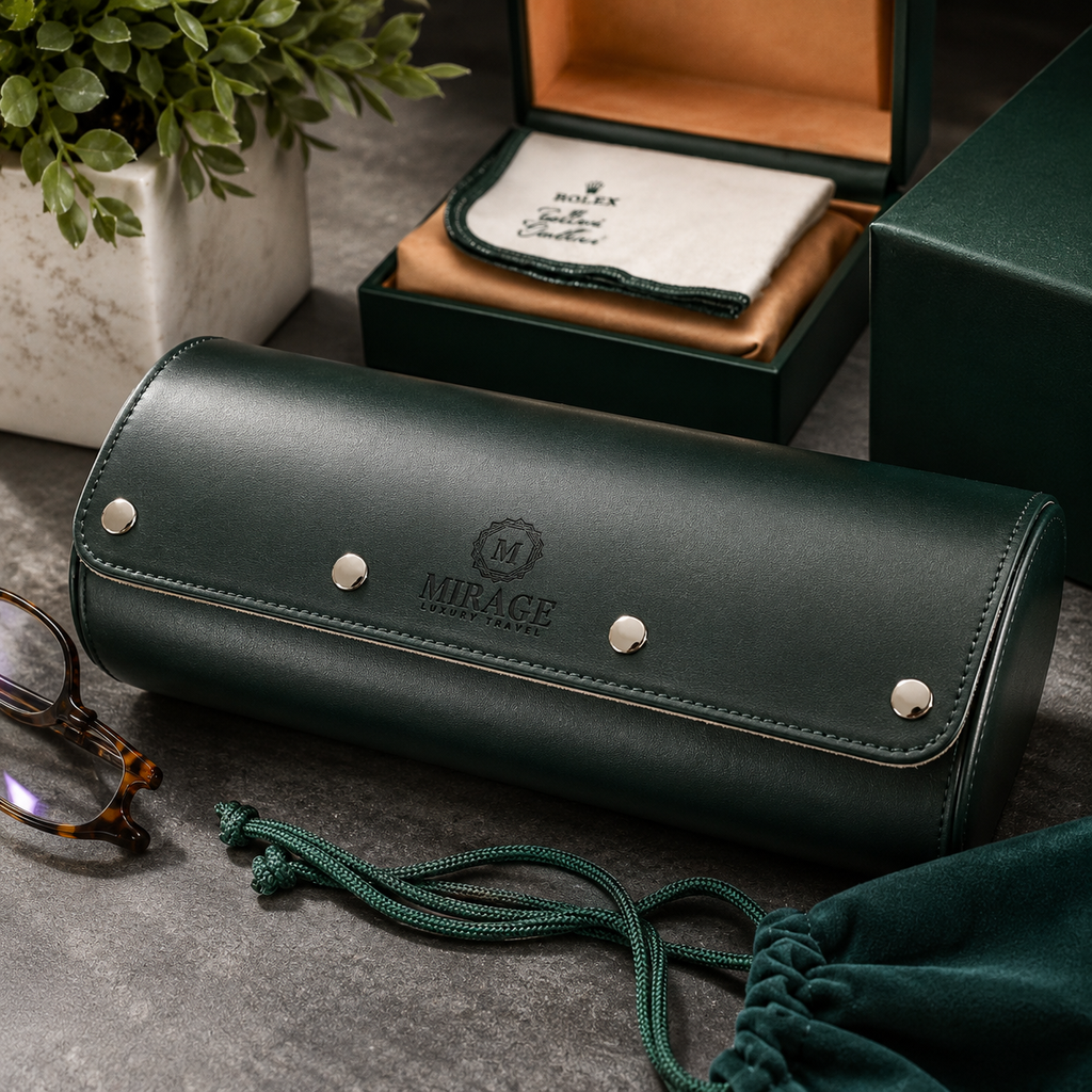 3 Watch Travel Case Vegan Leather Watch Roll (Royal Green - White Interior)