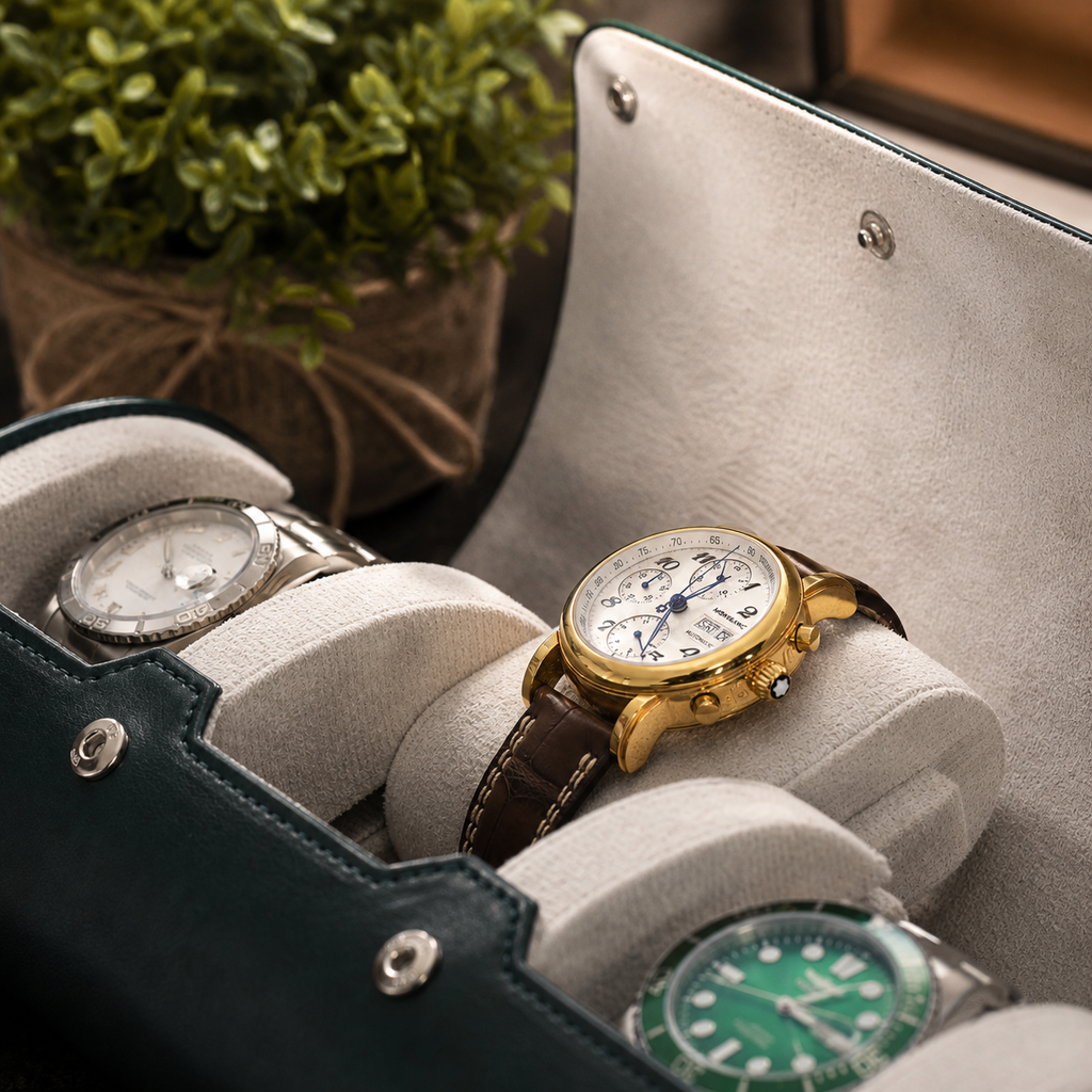 3 Watch Travel Case Vegan Leather Watch Roll (Royal Green - White Interior)