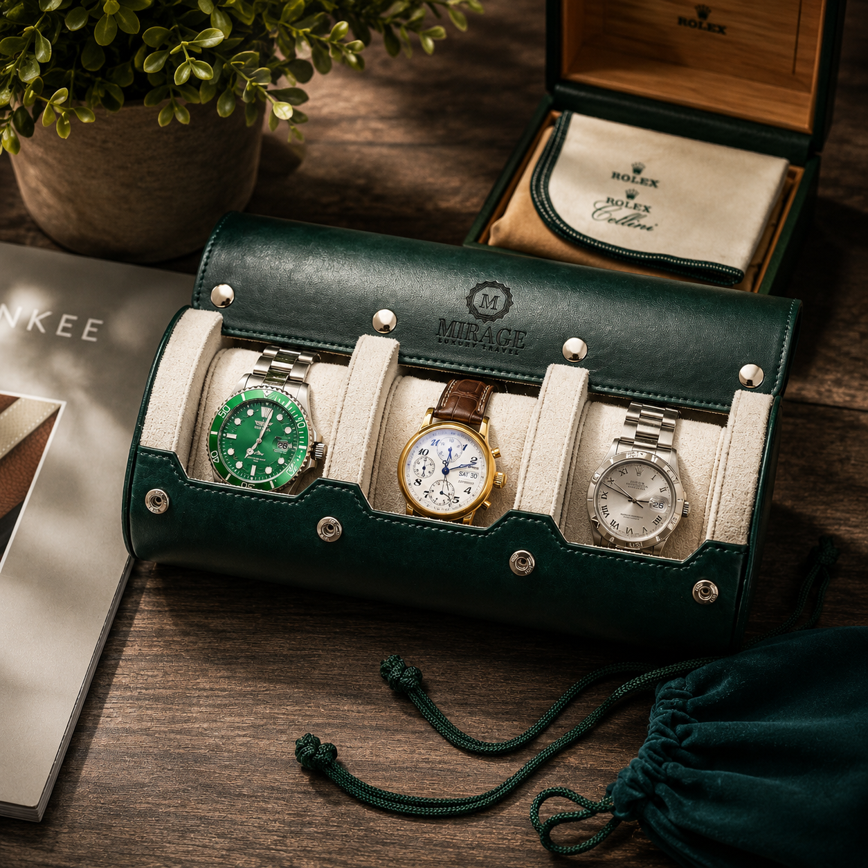 3 Watch Travel Case Vegan Leather Watch Roll (Royal Green - White Interior)