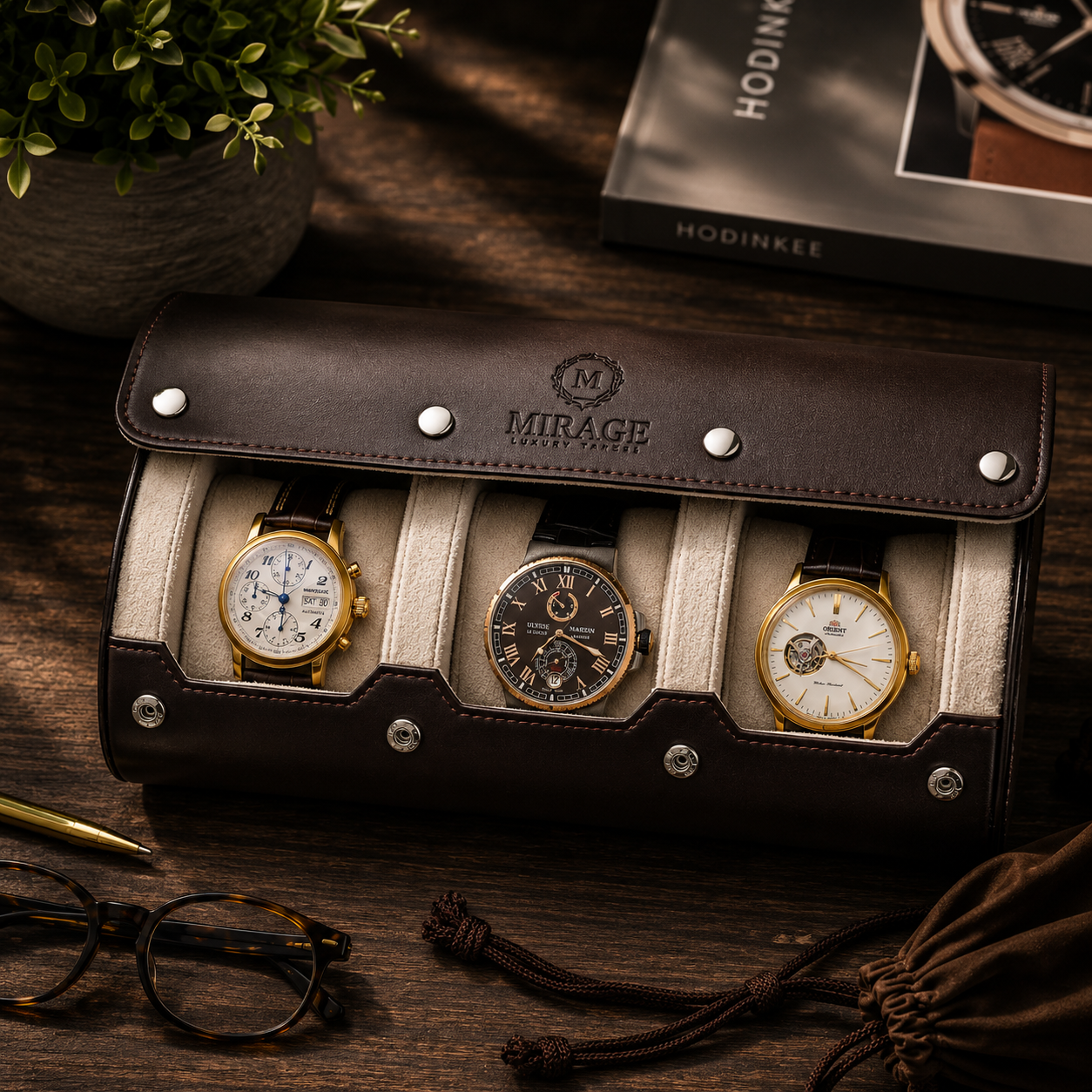 3 Watch Travel Case Vegan Leather Watch Roll (Espresso Brown - White Interior)