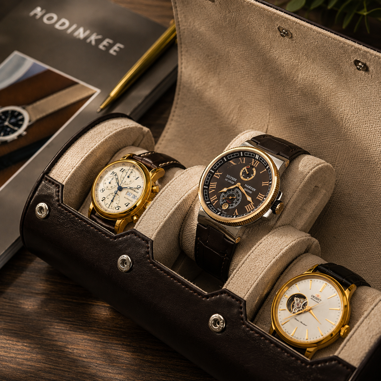 3 Watch Travel Case Vegan Leather Watch Roll (Espresso Brown - White Interior)