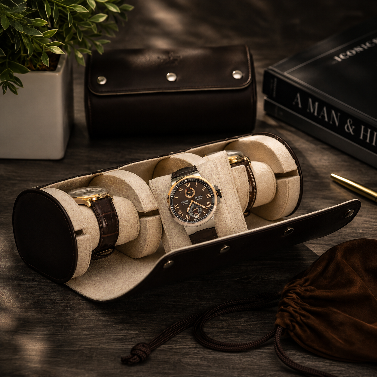 3 Watch Travel Case Vegan Leather Watch Roll (Espresso Brown - White Interior)