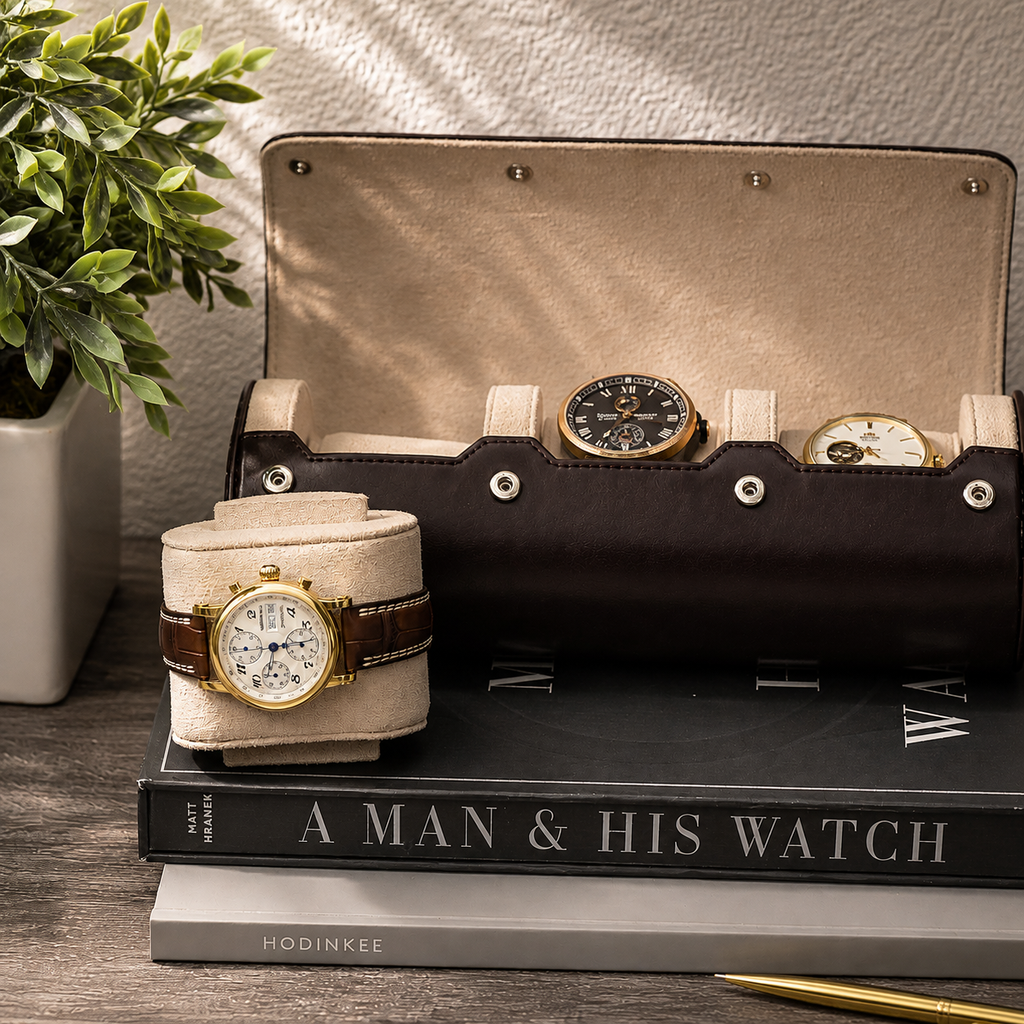 3 Watch Travel Case Vegan Leather Watch Roll (Espresso Brown - White Interior)