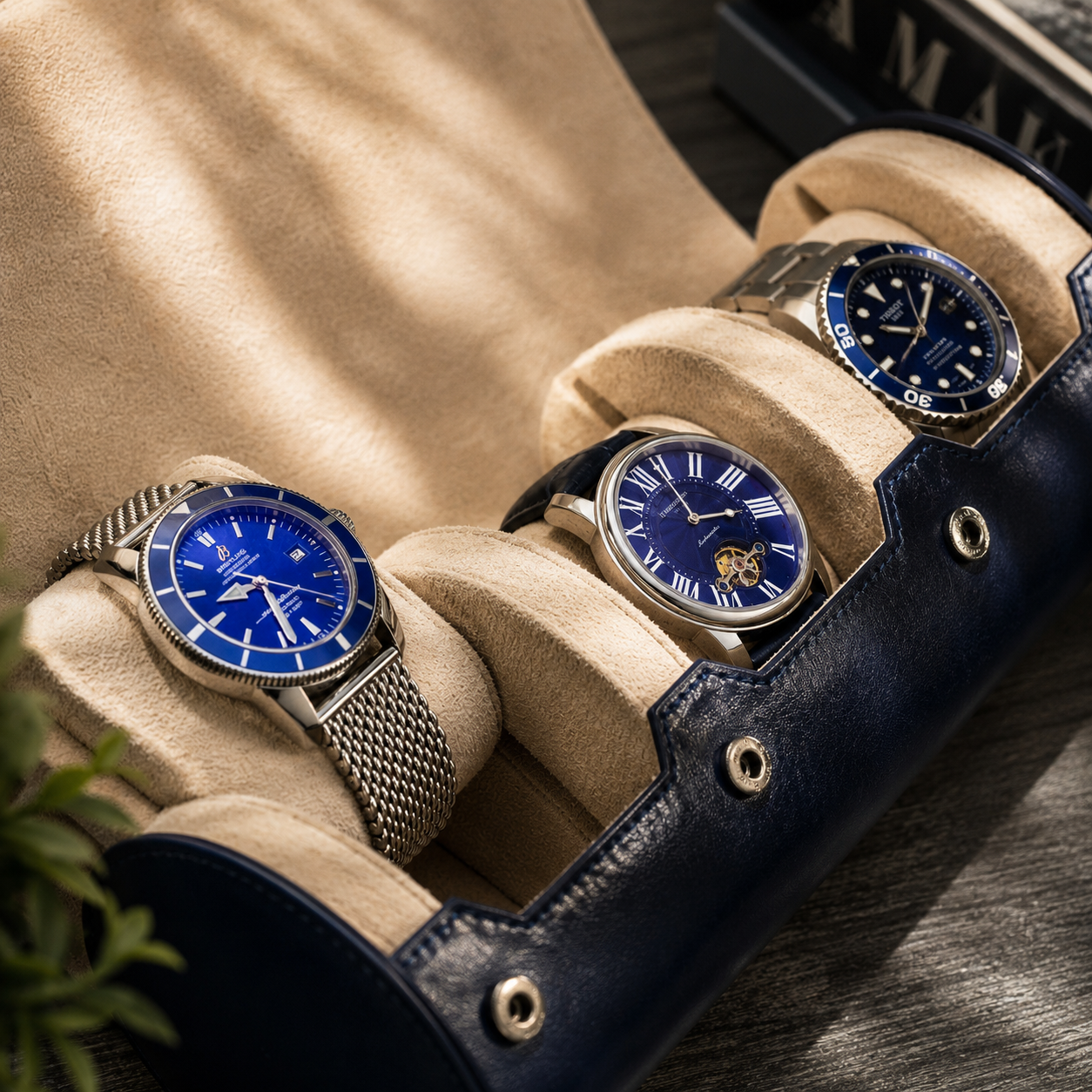 3 Watch Travel Case Vegan Leather Watch Roll (Midnight Blue - White Interior)