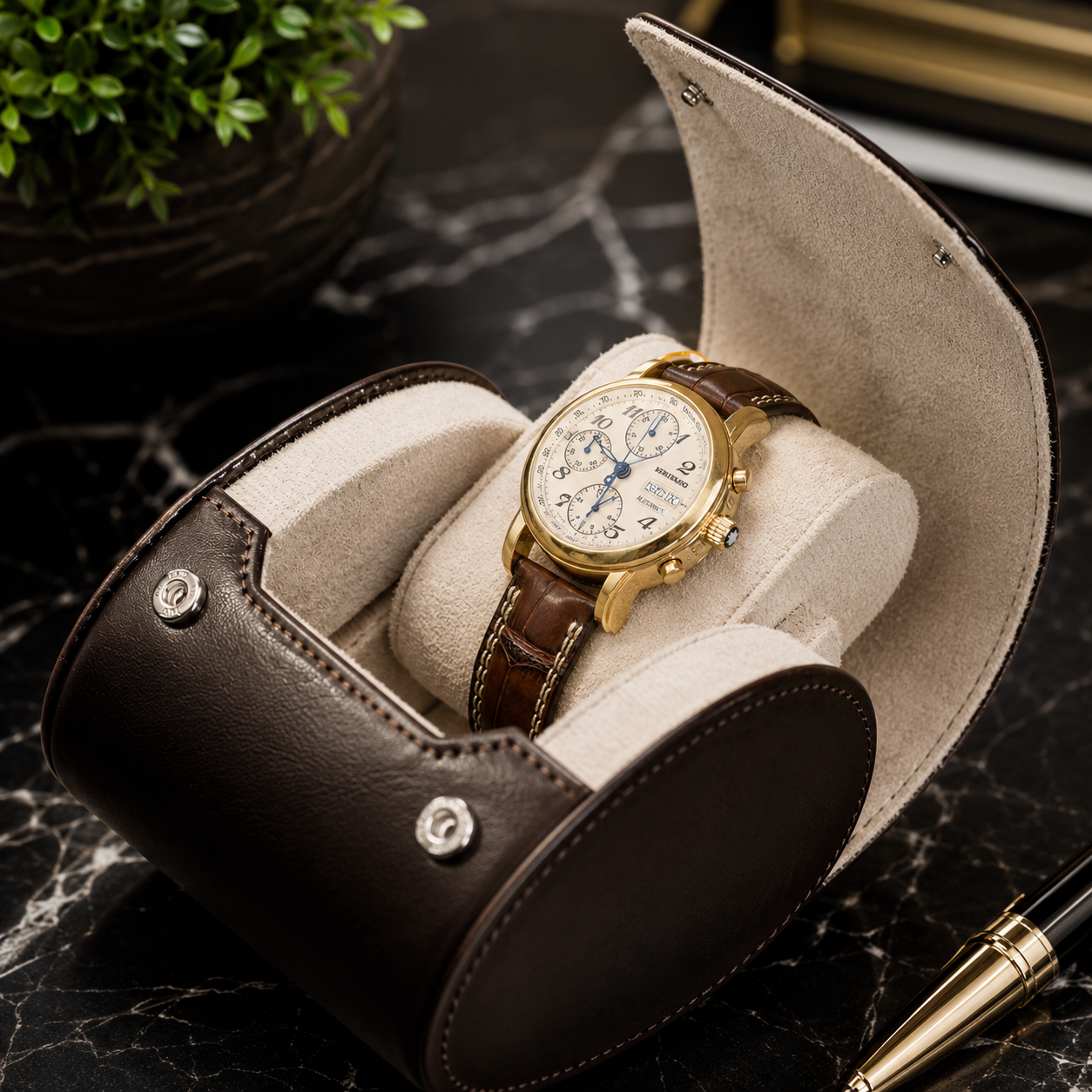 1 Watch Travel Case Vegan Leather Watch Roll (Espresso Brown Ivory White)