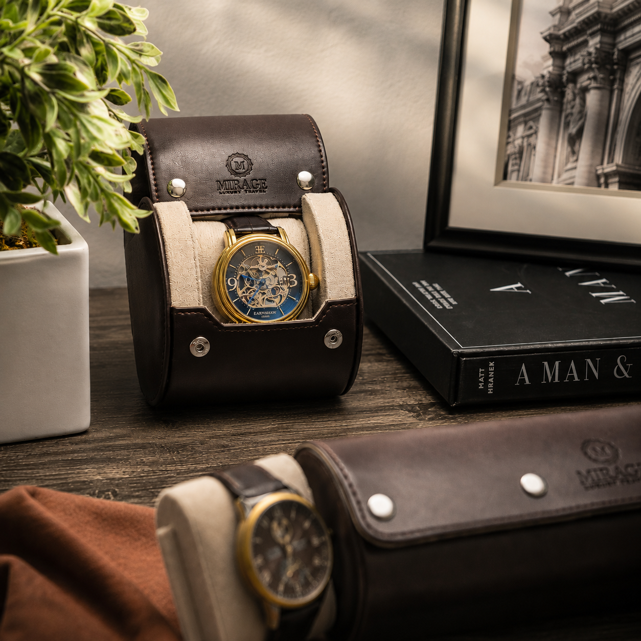 1 Watch Travel Case Vegan Leather Watch Roll (Espresso Brown Ivory White)