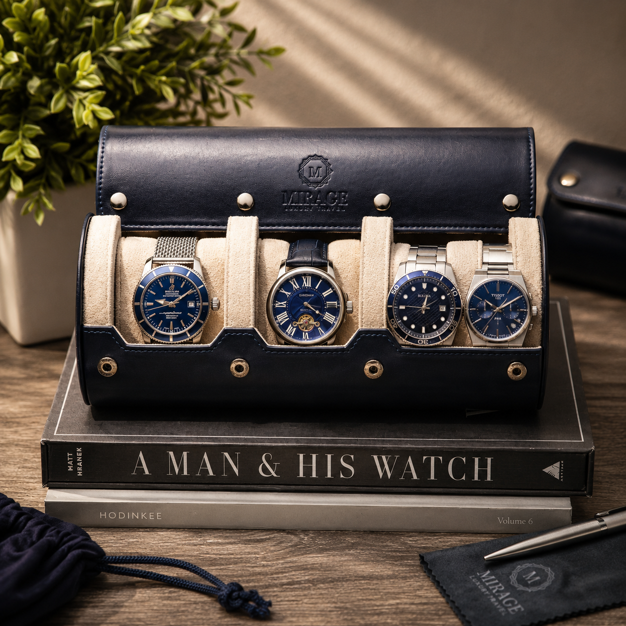 3 Watch Travel Case Vegan Leather Watch Roll (Midnight Blue - White Interior)