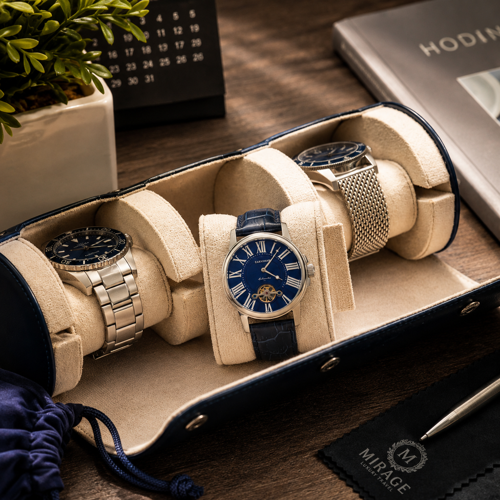 3 Watch Travel Case Vegan Leather Watch Roll (Midnight Blue - White Interior)