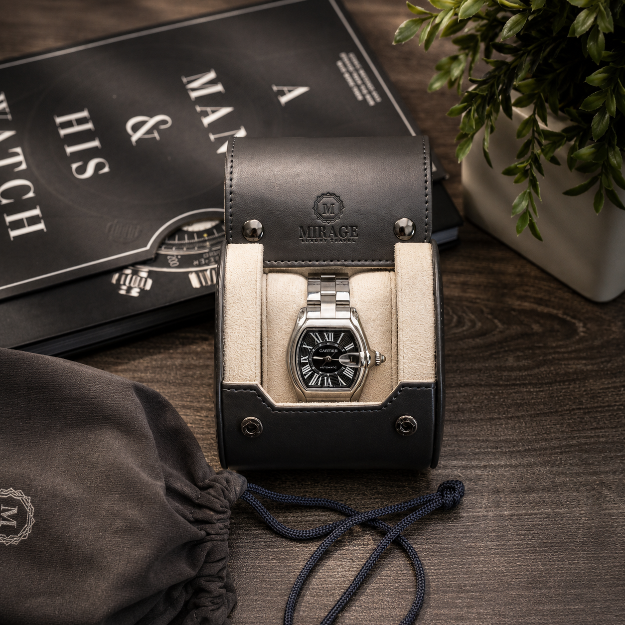 1 Watch Travel Case Vegan Leather Watch Roll (Slate Gray - White Interior)