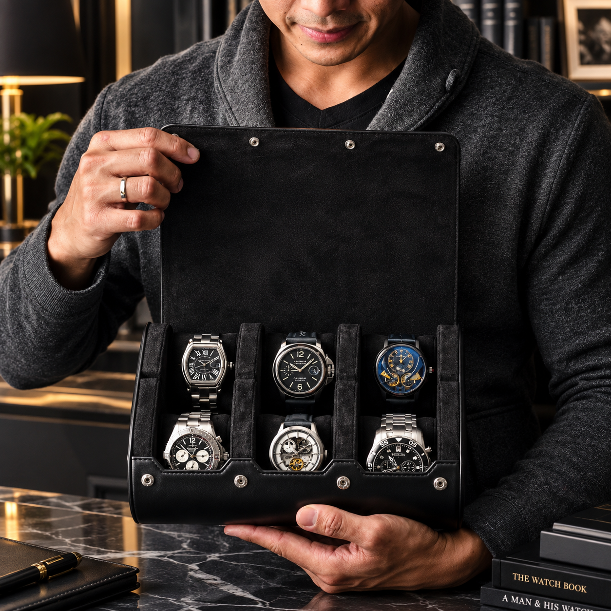 6 Watch Travel Case Vegan Leather Watch Roll (Super Black)