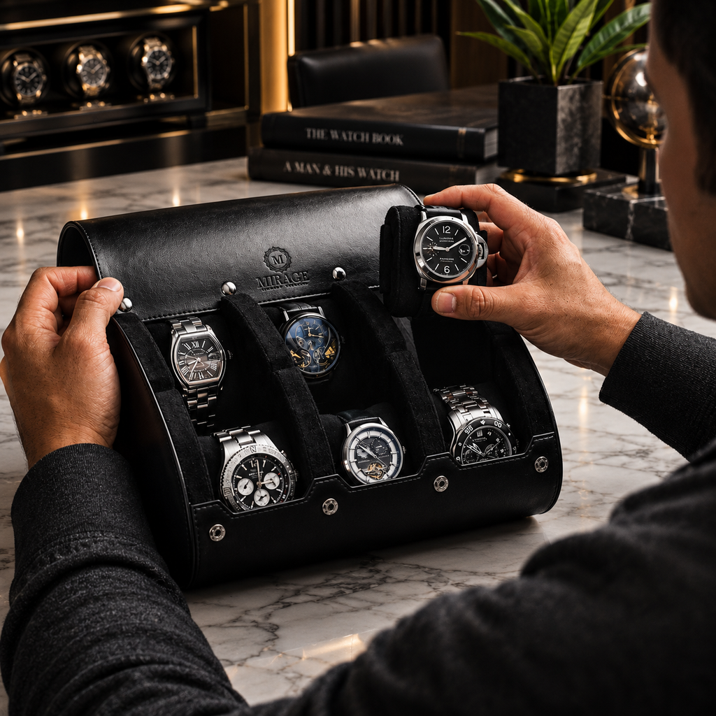 6 Watch Travel Case Vegan Leather Watch Roll (Super Black)