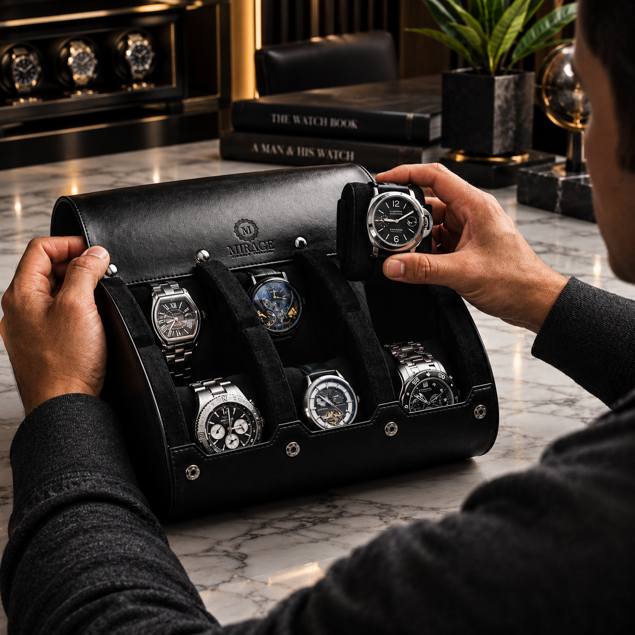 6 Watch Travel Case Vegan Leather Watch Roll (Super Black)