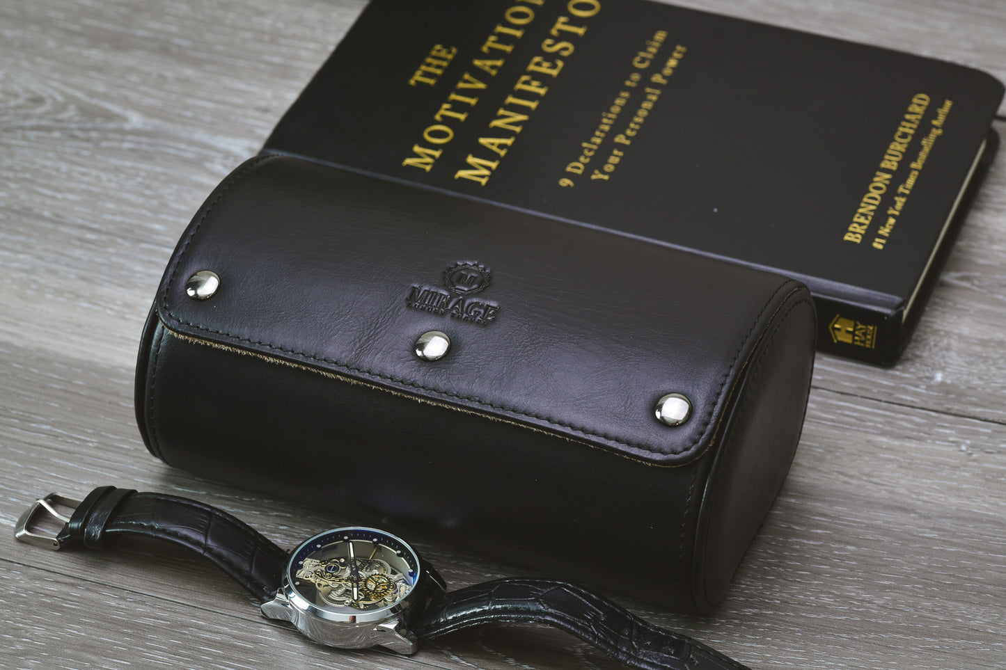 Closed Sable Black full-grain cow leather 2 watch roll showcasing its premium leather exterior and embossed logo.