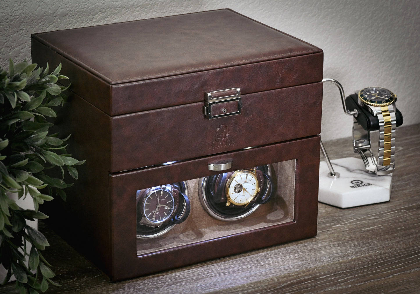 Closed Mirage Luxury Travel Time Turner Collection luxury watch winder crafted from Coffee Brown premium vegan leather with elegant display design.
