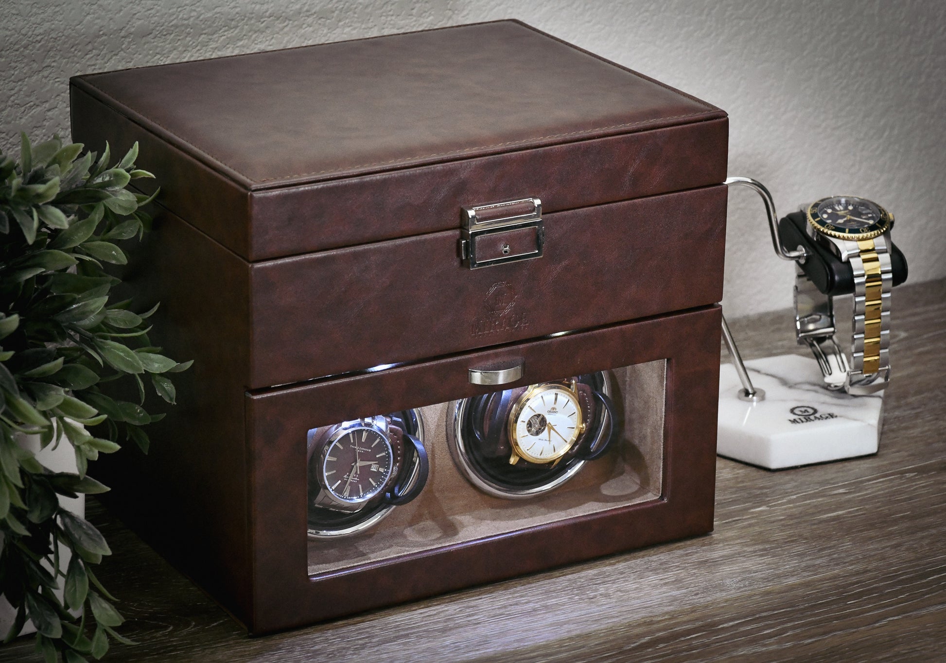 Closed Mirage Luxury Travel Time Turner Collection luxury watch winder crafted from Coffee Brown premium vegan leather with elegant display design.