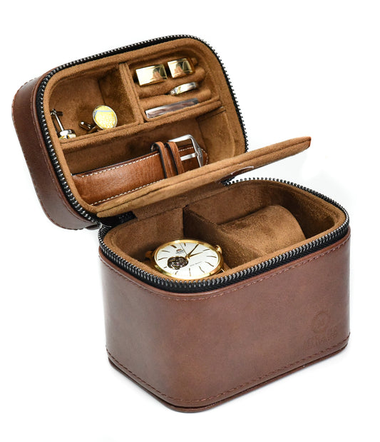 Front open product view of the Coffee Brown genuine leather watch and jewelry travel case with premium suede-lined interior, organized compartments, and secure storage for luxury watches and jewelry.