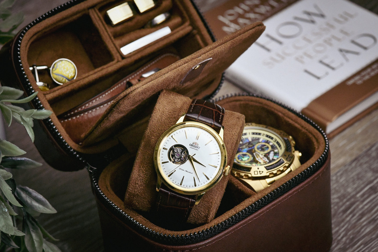 Open Coffee Brown genuine leather watch and jewelry travel case with premium suede-lined interior, luxury watches, rings, and organized travel compartments.