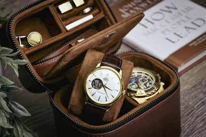 Open Coffee Brown genuine leather watch and jewelry travel case with premium suede-lined interior, luxury watches, rings, and organized travel compartments.