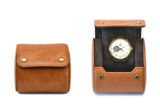 Front and open view of the Tawny Brown full-grain cow leather 1 watch roll, showcasing its compact travel design and plush suede interior.
