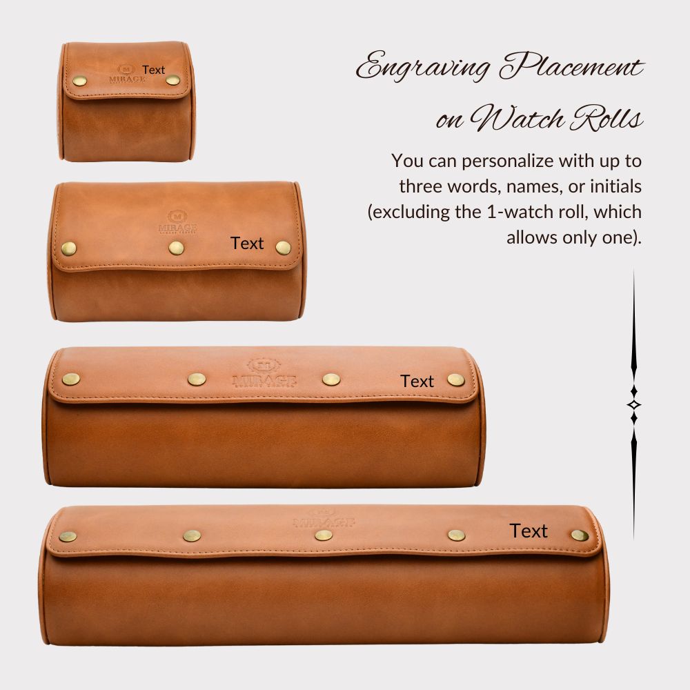 Personalized engraving options available on the Mirage Luxury Travel Tawny Brown full-grain cow leather watch roll for luxury gifts, corporate gifting, and special occasions.