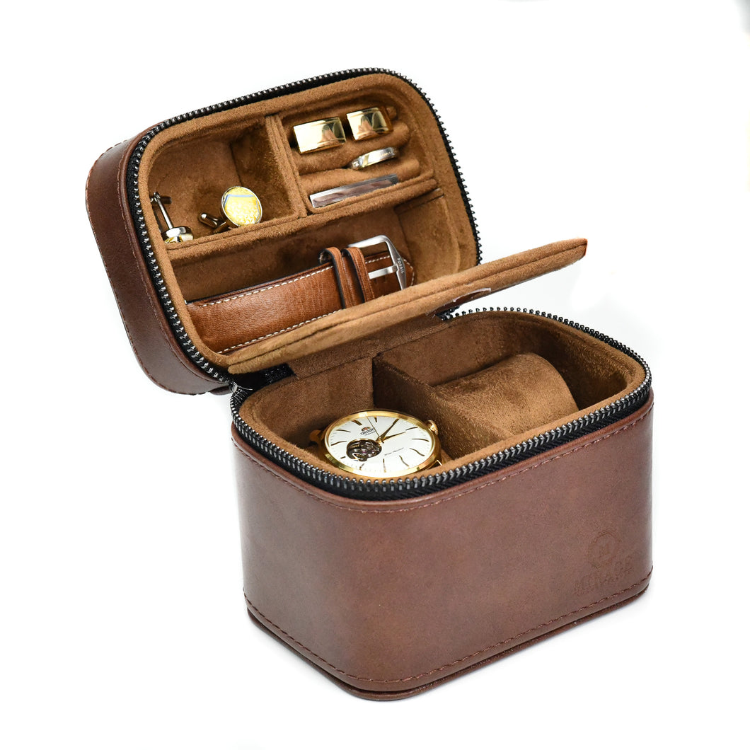 Watch and Jewelry Travel Case Genuine Leather Coffee Brown MIRAGE