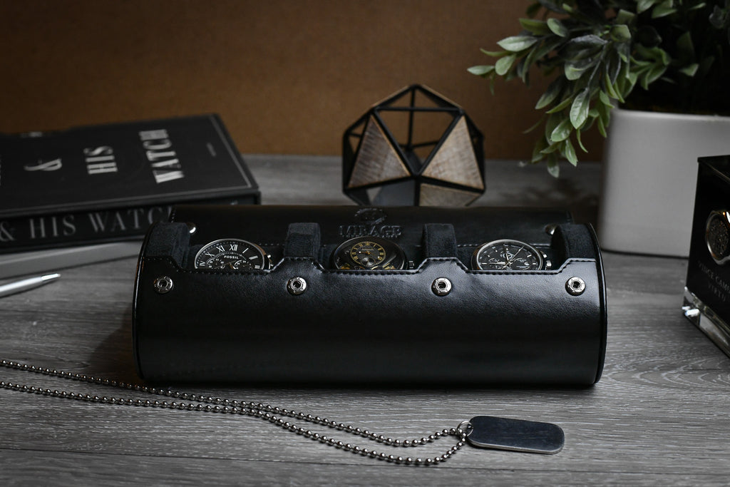 3 Watch Travel Case Vegan Leather Watch Roll (Super Black)