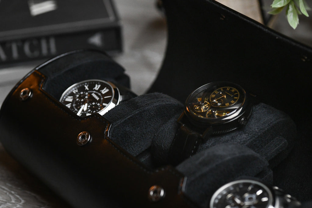 3 Watch Travel Case Vegan Leather Watch Roll (Super Black)