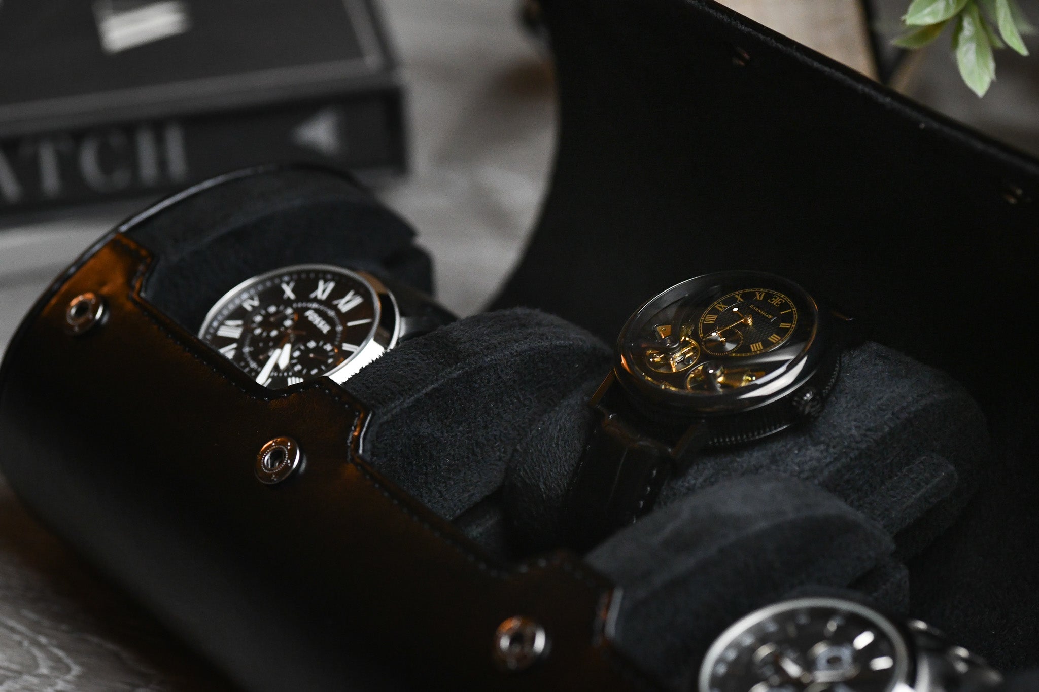 3 Watch Travel Case Vegan Leather Watch Roll (Super Black)