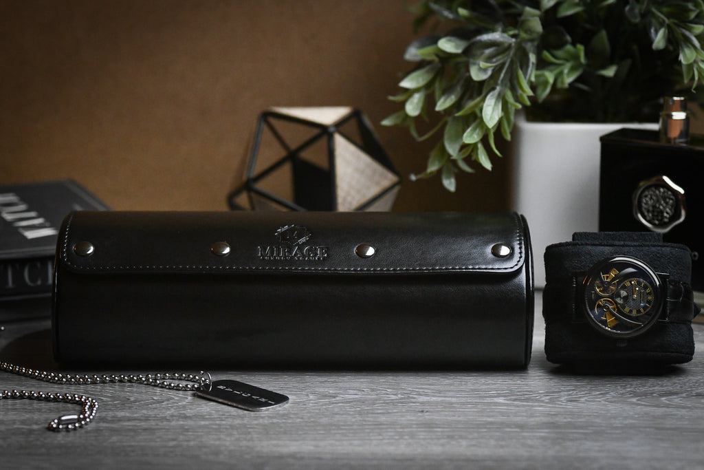 3 Watch Travel Case Vegan Leather Watch Roll (Super Black)