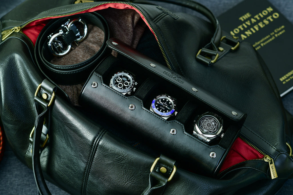 3 Watch Travel Case Vegan Leather Watch Roll (Super Black)