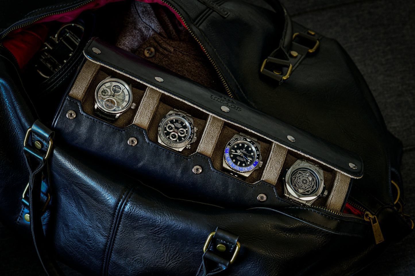 Sable Black Saffiano Leather Watch Roll Case für 4 Uhren