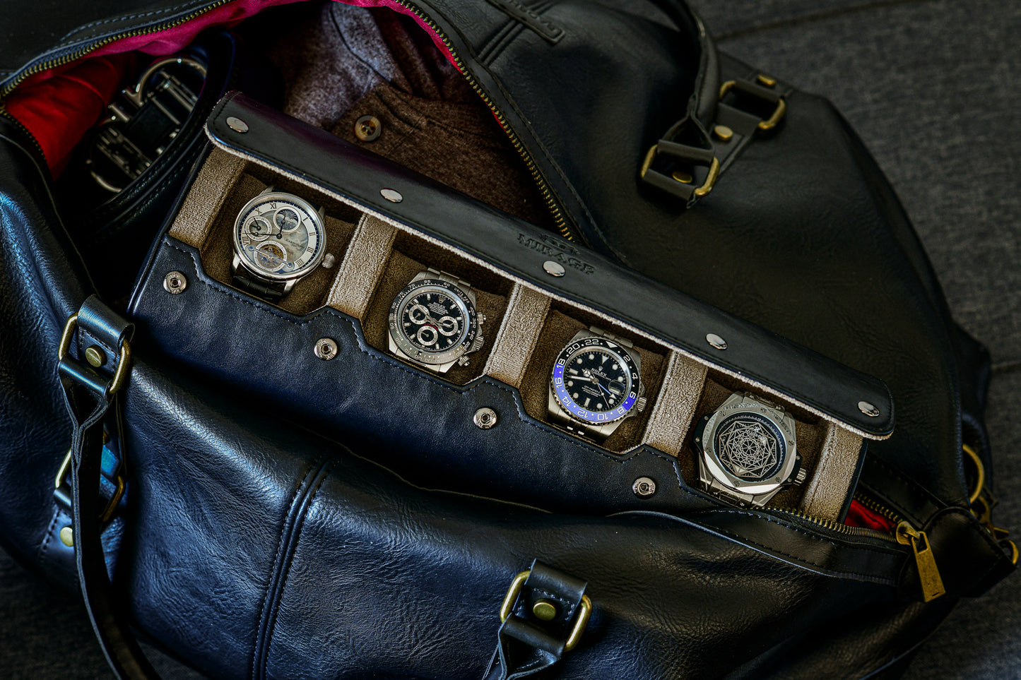 Sable Black Full-grain Cow Leather Watch Roll - 4 Watches