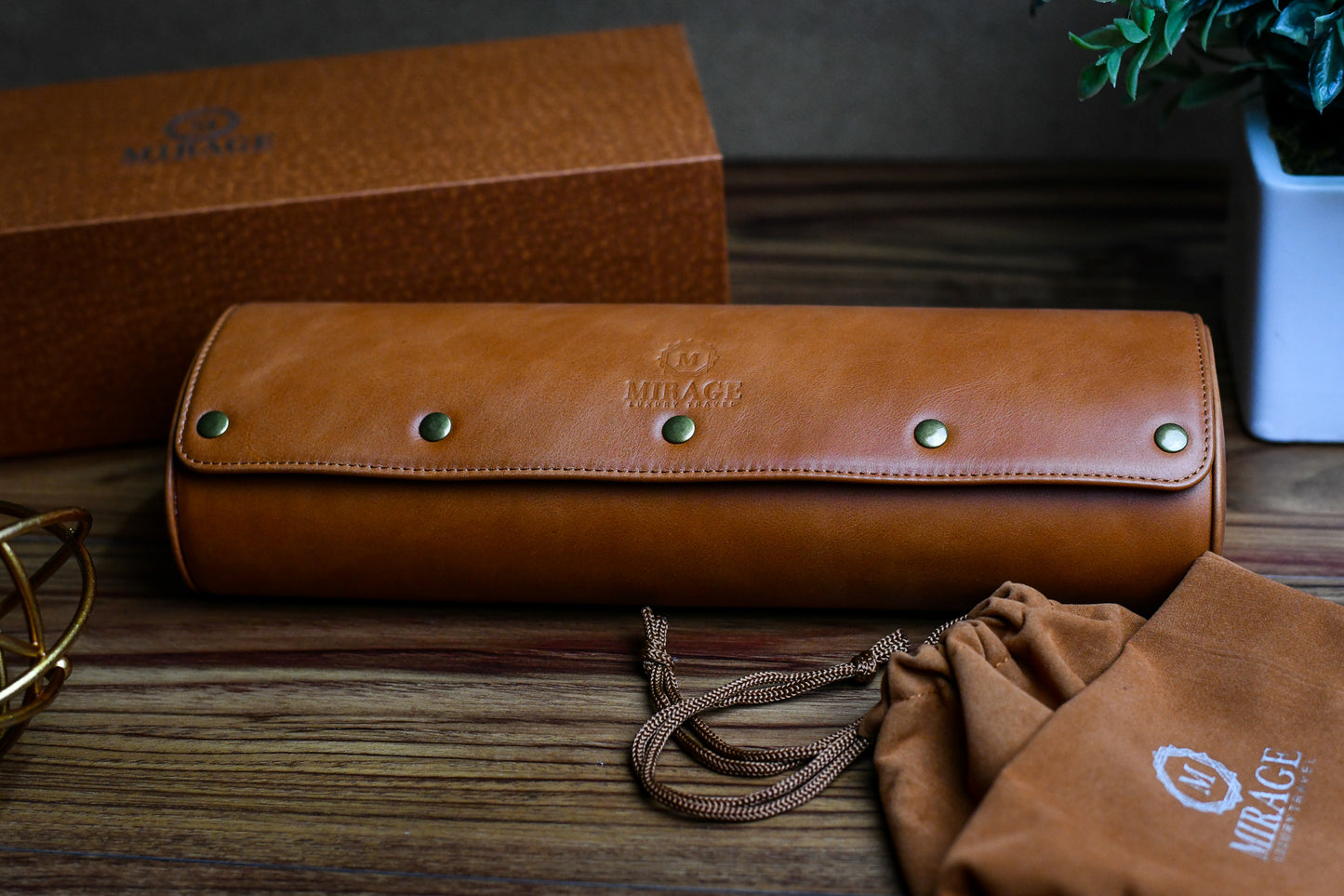 Mirage Luxury Travel 4 watch roll displayed on a wooden surface with luxury presentation.