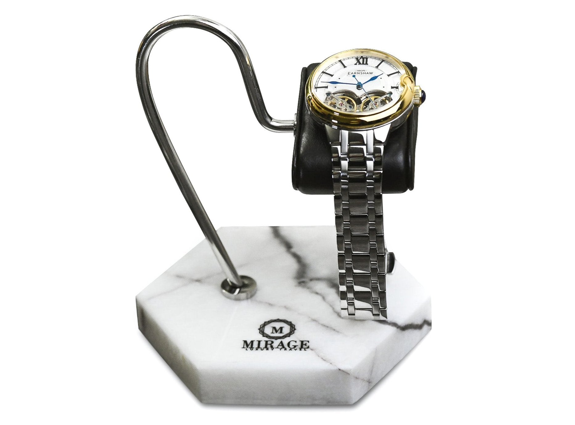 Mirage Luxury Travel Elite White Lilac Marble watch stand featuring a handcrafted genuine marble base, genuine black leather cushion, polished stainless steel support, and elegant display for luxury watches.